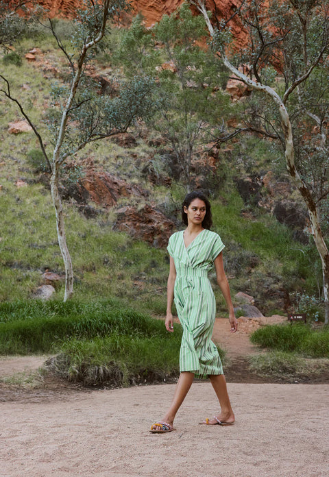 Hana Wrap Dress in Green Stripe