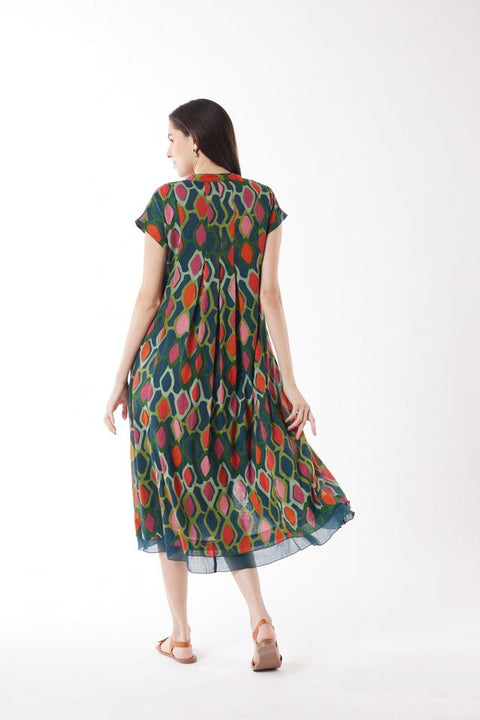 Cap Sleeve Button Dress in Multi Diamond