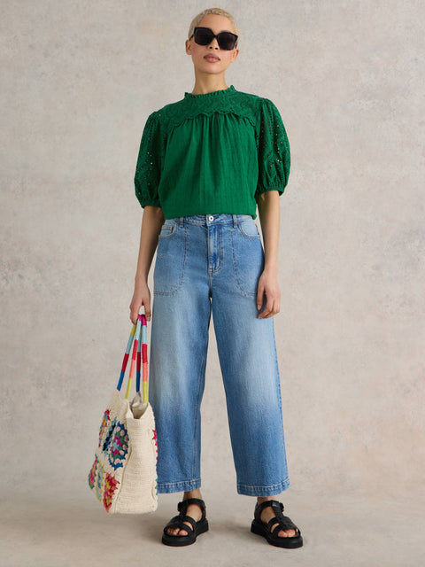 Tia Wide Leg Crop in Mid Denim