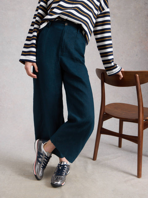 Tia Linen Wide Leg Crop in Dark Navy