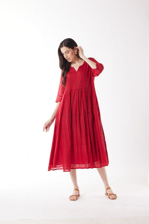 3/4 Sleeve Midi Dress in Red Lines
