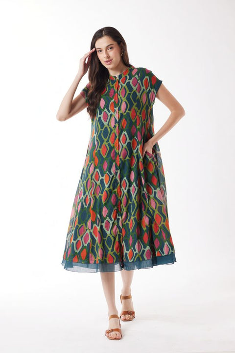 Cap Sleeve Button Dress in Multi Diamond