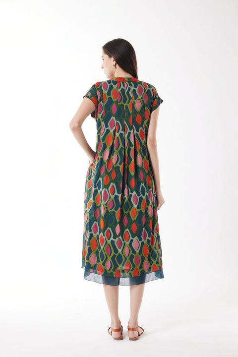 Cap Sleeve Button Dress in Multi Diamond