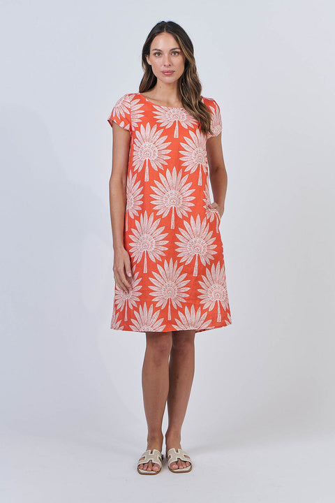 Linen Shift Dress in Sunset Palm