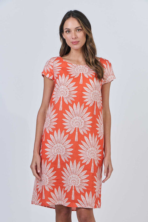 Linen Shift Dress in Sunset Palm