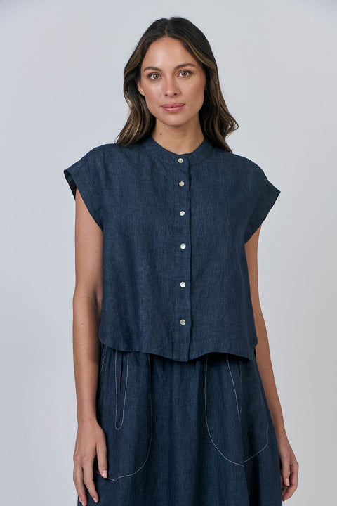 Linen Button Top in Poseidon