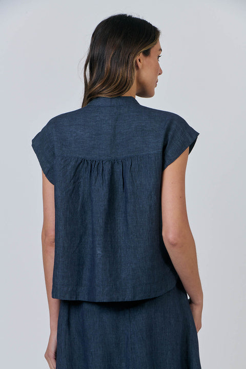 Linen Button Top in Poseidon