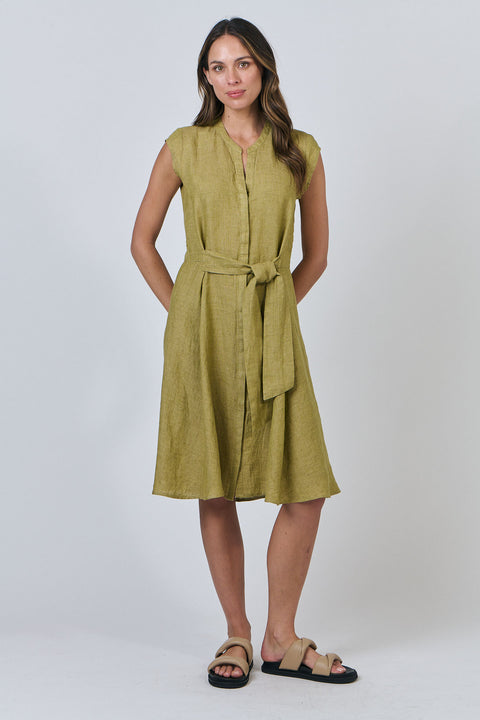 Linen Button Tie Dress in Bamboo