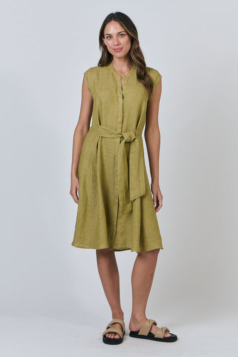 Linen Button Tie Dress in Bamboo