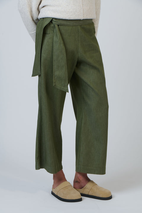 Linen Tie Pant in Bayleaf