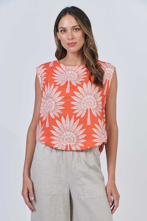 Linen Button Shell Top in Sunset Palm