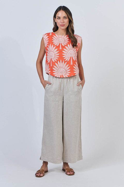Linen Button Shell Top in Sunset Palm