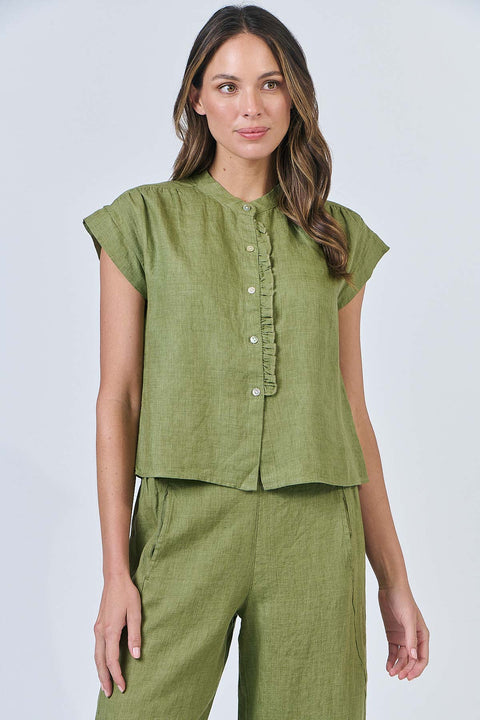 Linen Button Ruffle Top in Moss