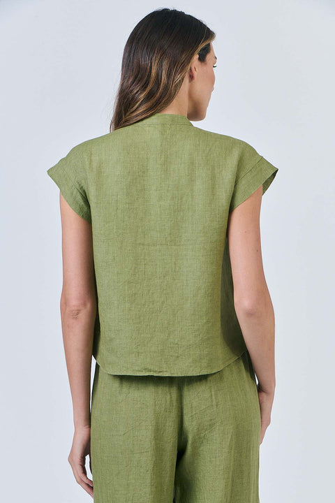 Linen Button Ruffle Top in Moss