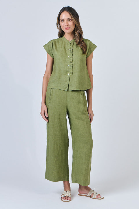 Linen Button Ruffle Top in Moss