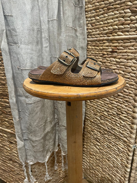 Bosabo Cork Slides in Raphia & Bronze