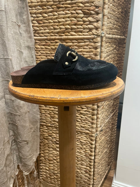 Bosabo Cork Slides in Black Suede