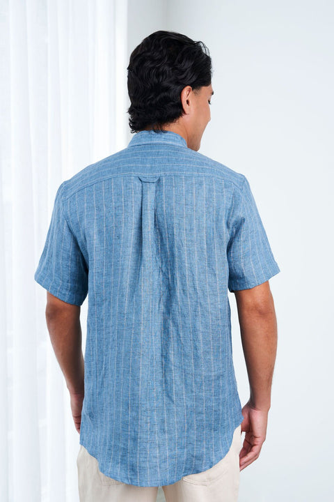 100% Hemp SS Stripe Shirt in Blue