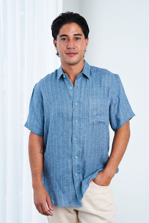 100% Hemp SS Stripe Shirt in Blue