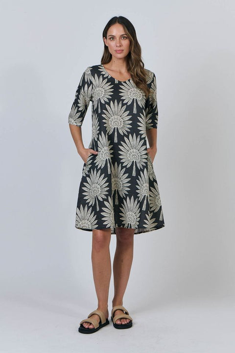 V-Neck Mid-Sleeve Dress in Date Palm