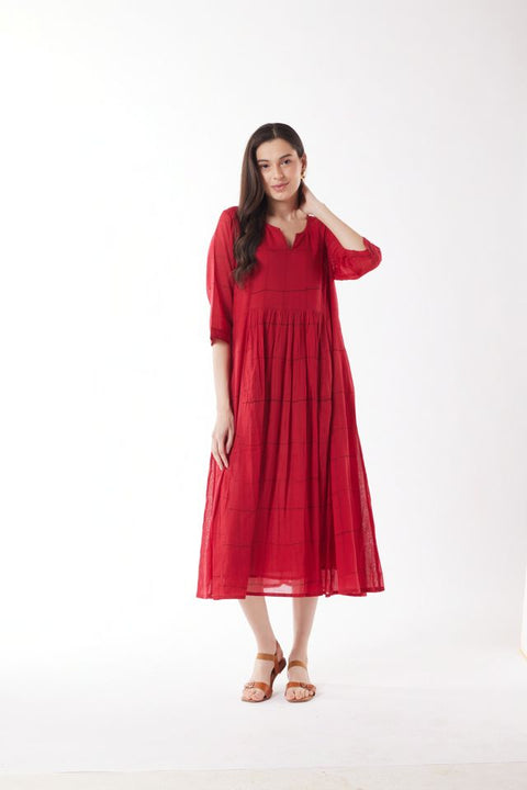 3/4 Sleeve Midi Dress in Red Lines