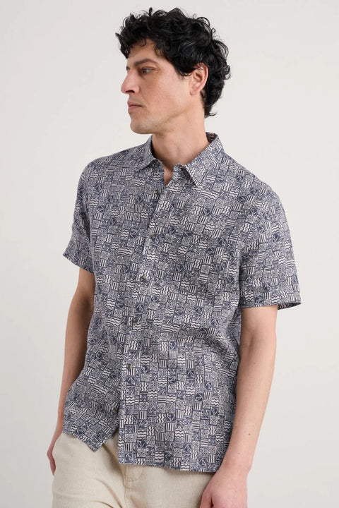 Men's Blue Heron SS Shirt in Marine Patchwork Maritime
