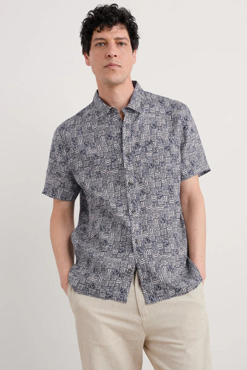 Men's Blue Heron SS Shirt in Marine Patchwork Maritime