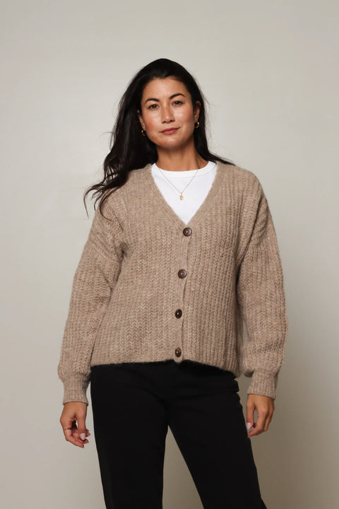 V-Neck Cardigan in Fawn