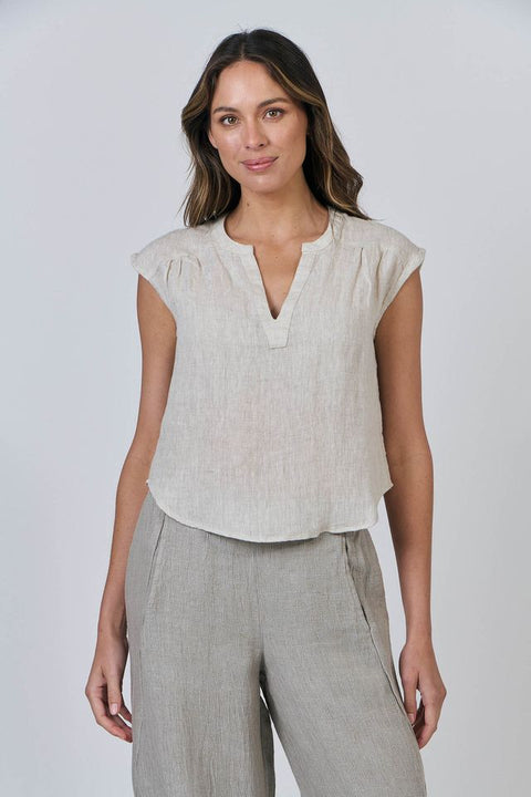 Split V-Neck Cap Sleeve Top in Soybean