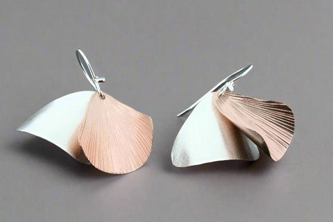 Zebrina 2 Drop Curved Earring in Silver & Rose Gold