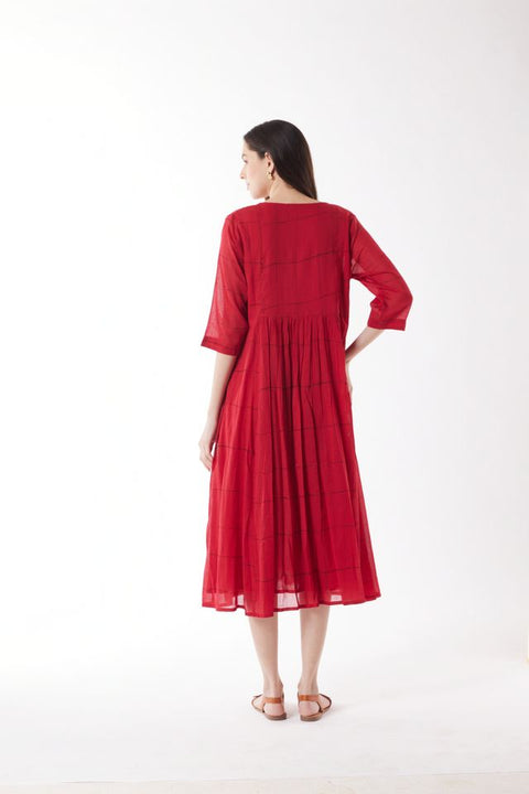 3/4 Sleeve Midi Dress in Red Lines